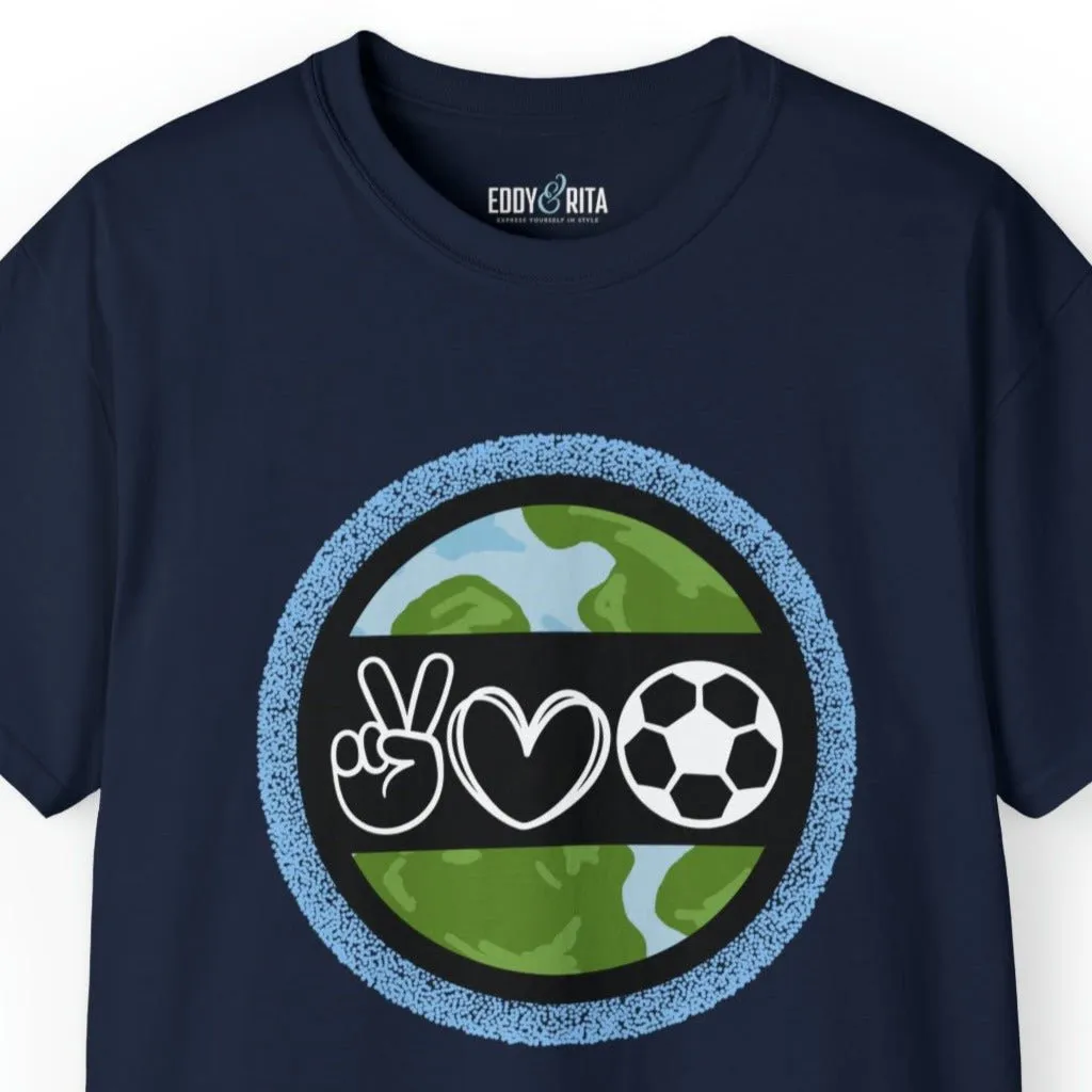 Peace, Love, and Soccer World Symbols Unisex Tee - Global Football Enthusiast Shirt
