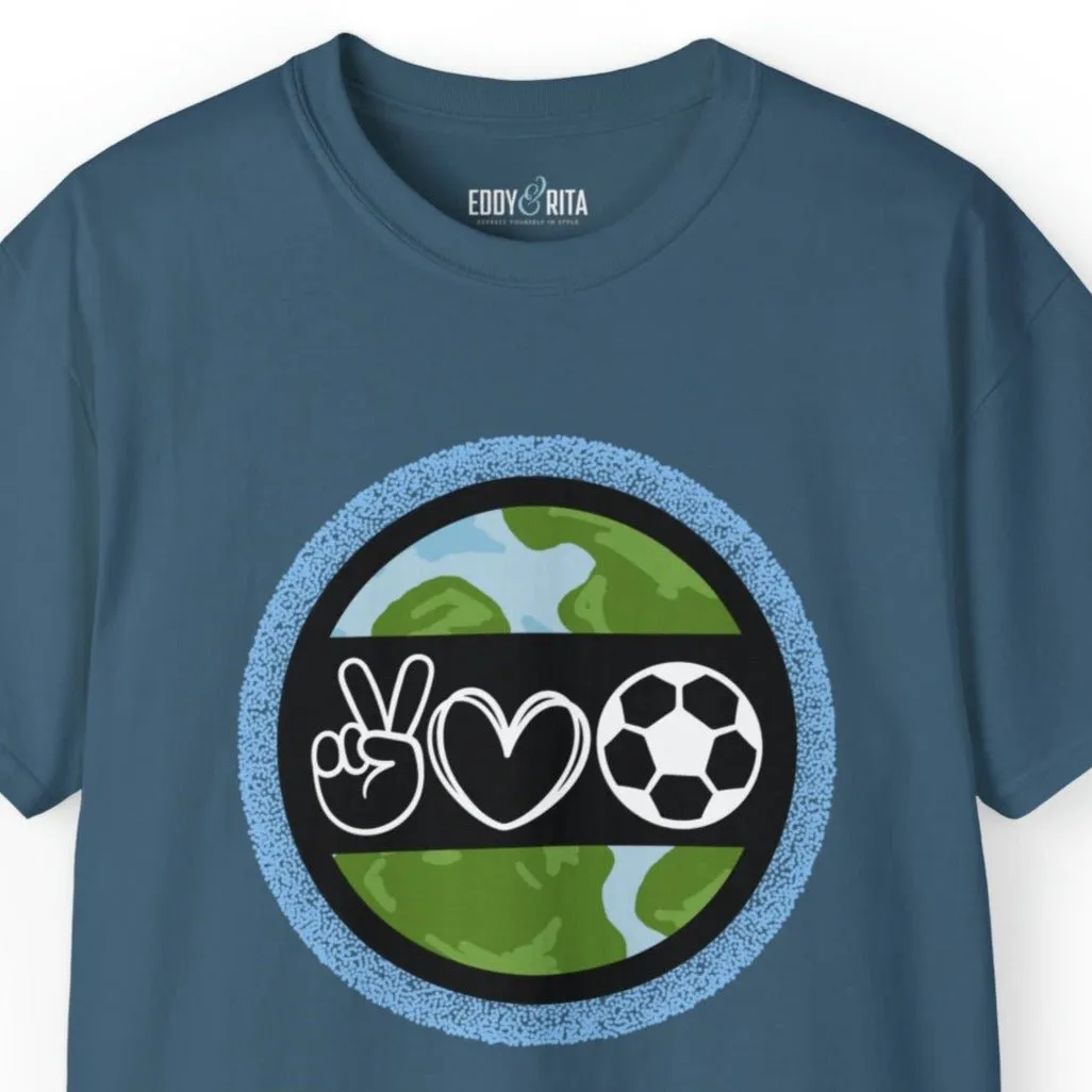 Peace, Love, and Soccer World Symbols Unisex Tee - Global Football Enthusiast Shirt