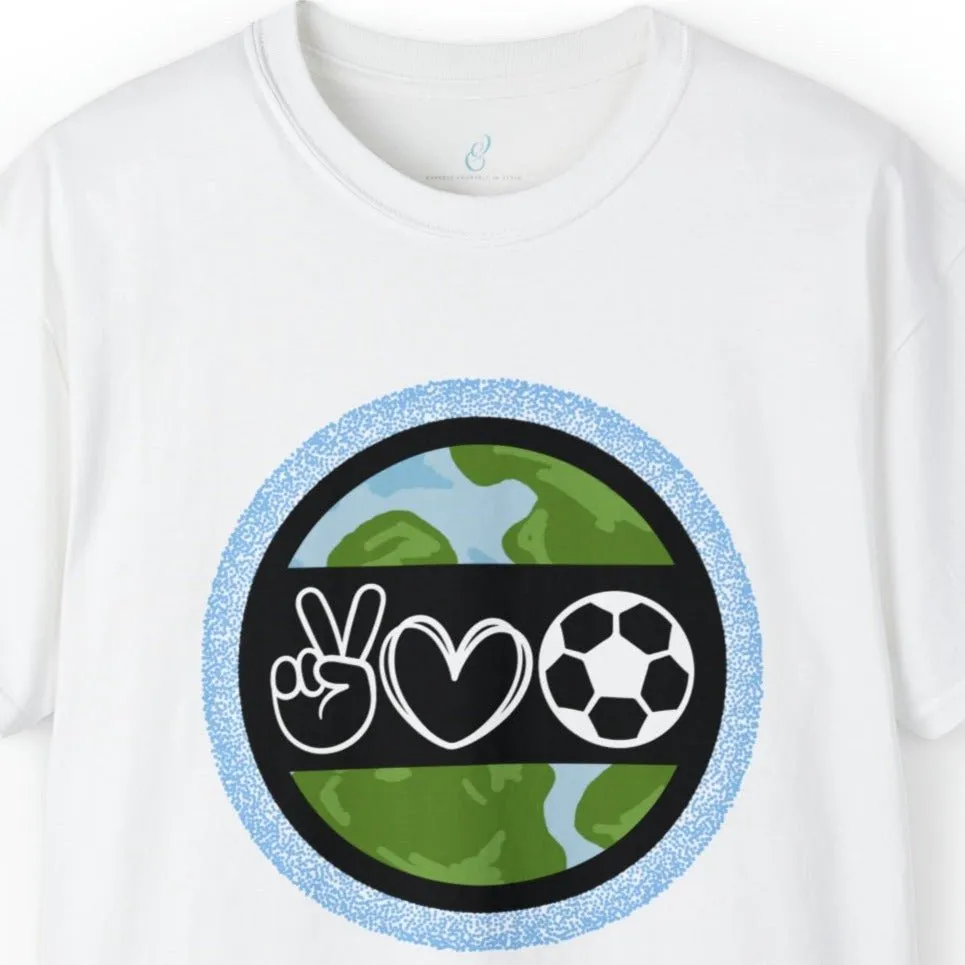 Peace, Love, and Soccer World Symbols Unisex Tee - Global Football Enthusiast Shirt