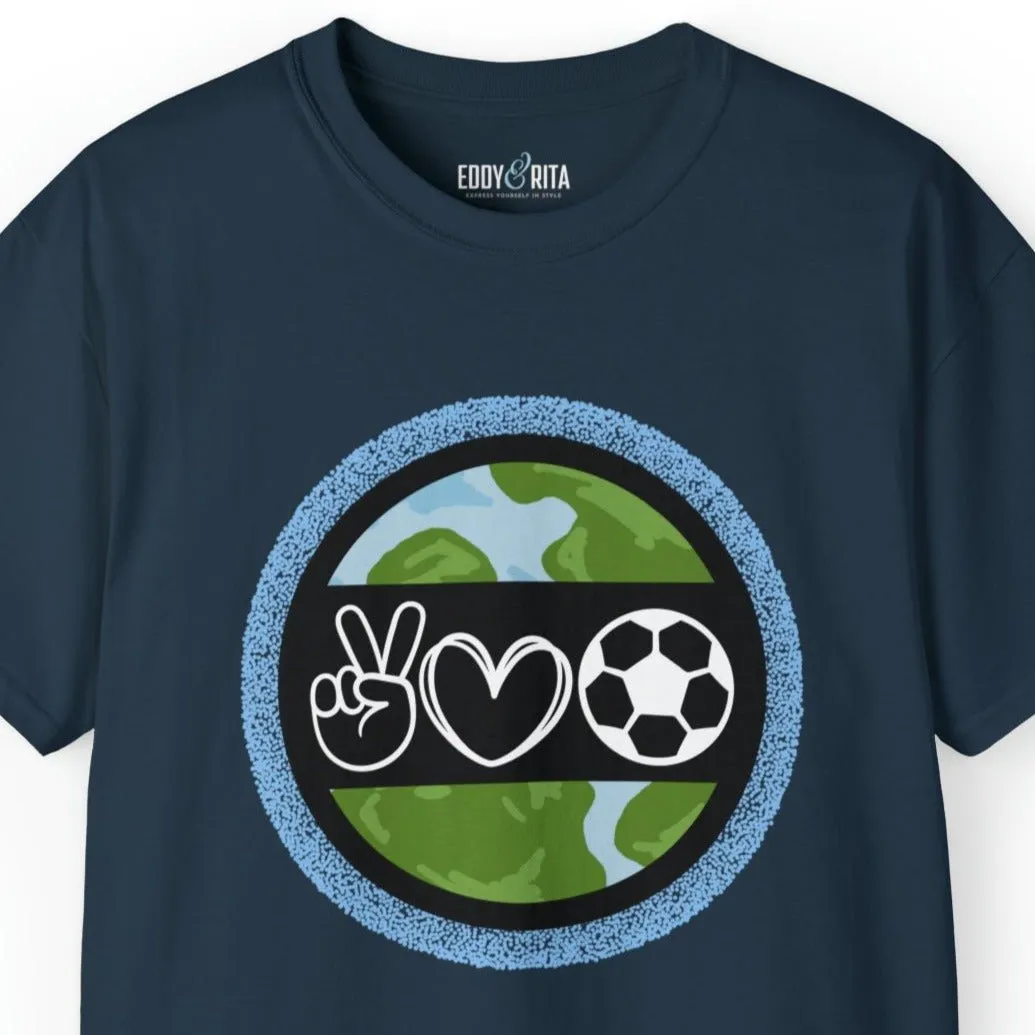 Peace, Love, and Soccer World Symbols Unisex Tee - Global Football Enthusiast Shirt