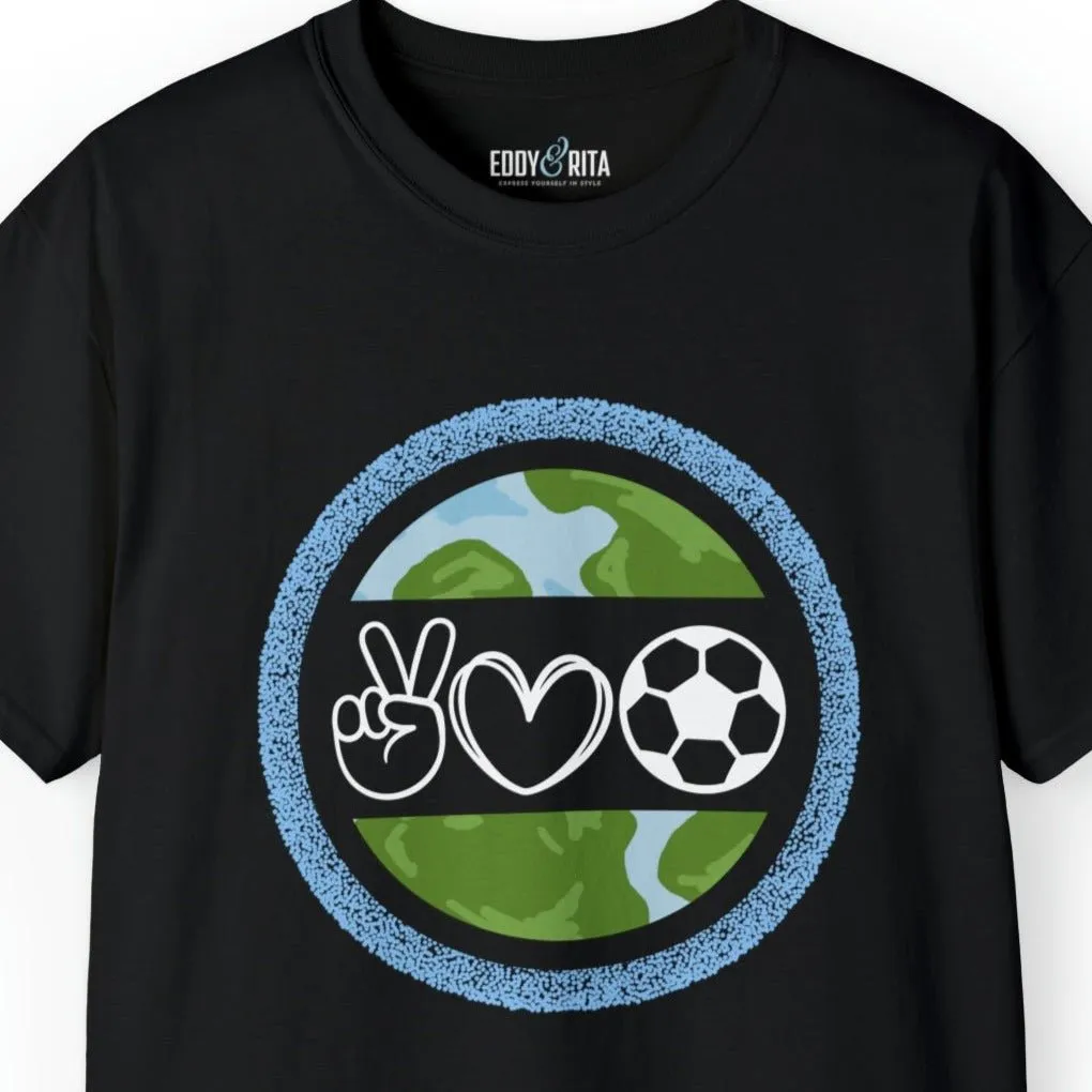 Peace, Love, and Soccer World Symbols Unisex Tee - Global Football Enthusiast Shirt