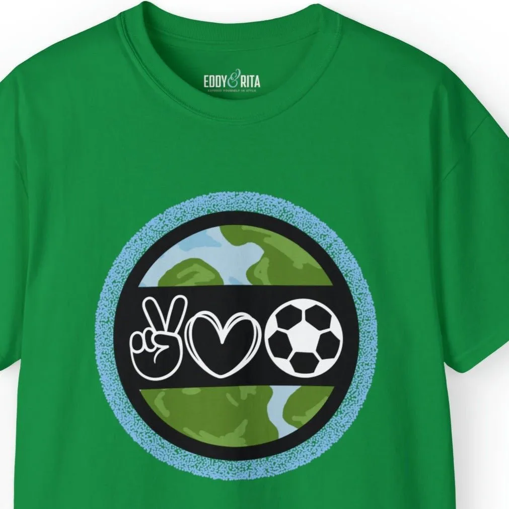 Peace, Love, and Soccer World Symbols Unisex Tee - Global Football Enthusiast Shirt