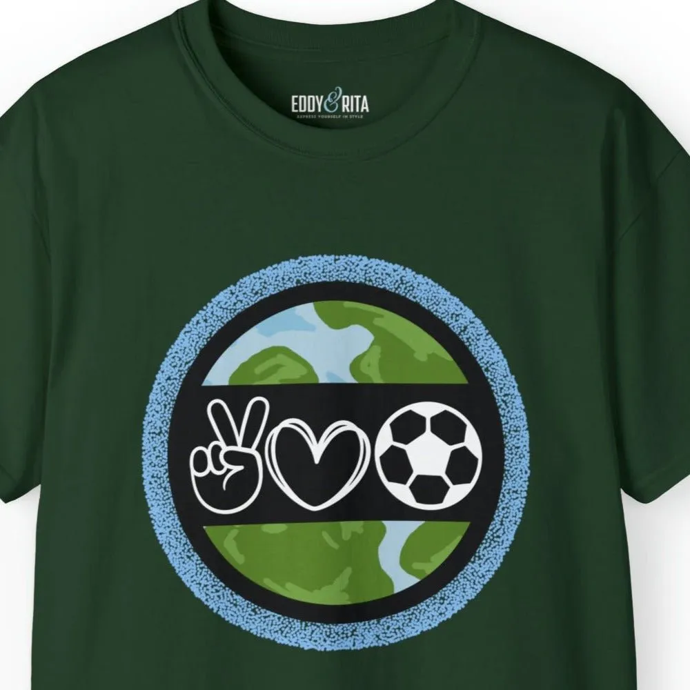 Peace, Love, and Soccer World Symbols Unisex Tee - Global Football Enthusiast Shirt