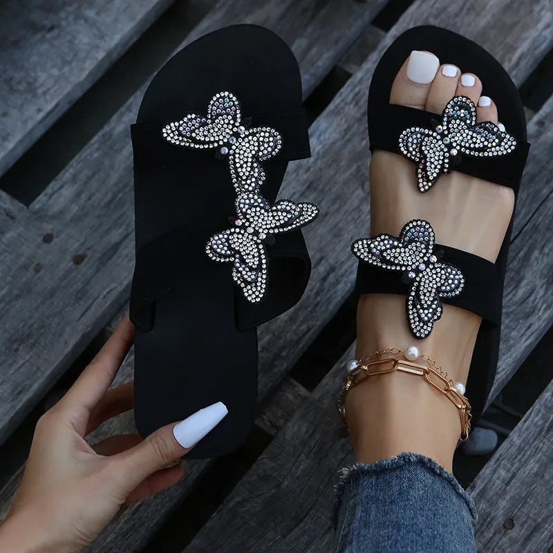 Rhinestone butterfly platoform sandals 2 strap slide wedge sandals