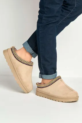 Sigrid Embroidered Faux Fur Lining Slippers in Mocha