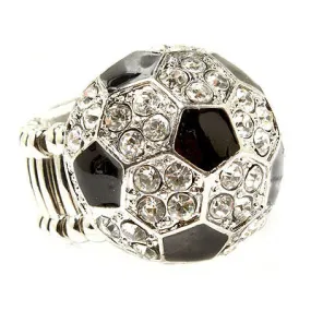 Sport Soccer Ball Crystal Rhinestone 20mm Stretch Adjustable Ring Silver Clear