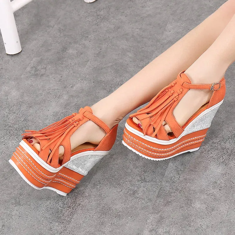Tassel Wedge Heels Platform T Strap Open Toe Sandals