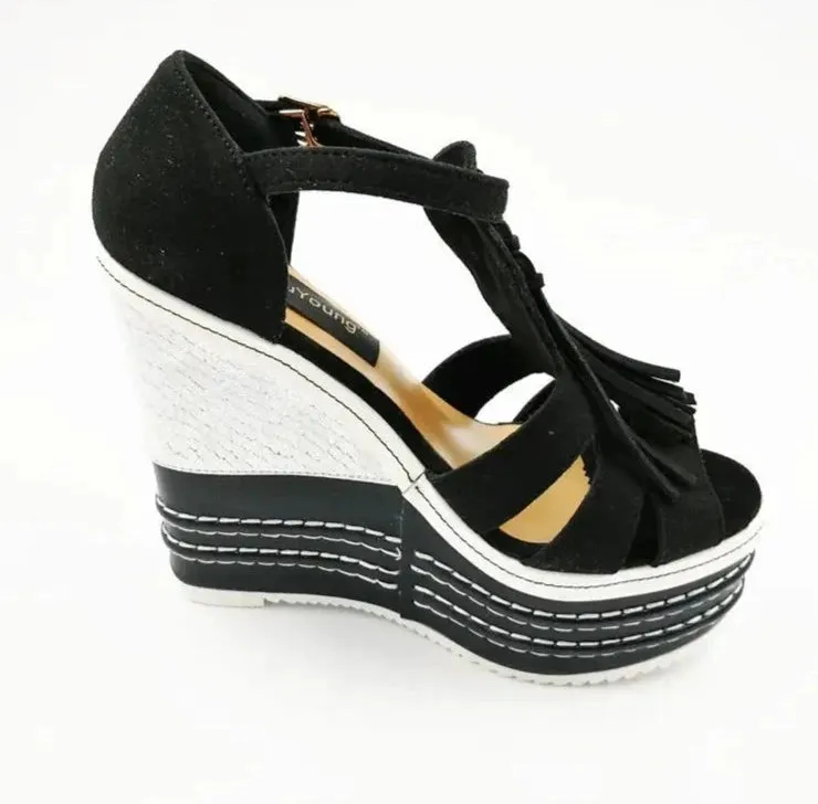 Tassel Wedge Heels Platform T Strap Open Toe Sandals