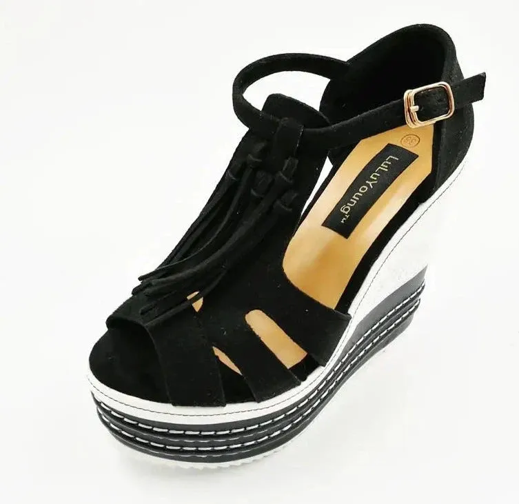 Tassel Wedge Heels Platform T Strap Open Toe Sandals