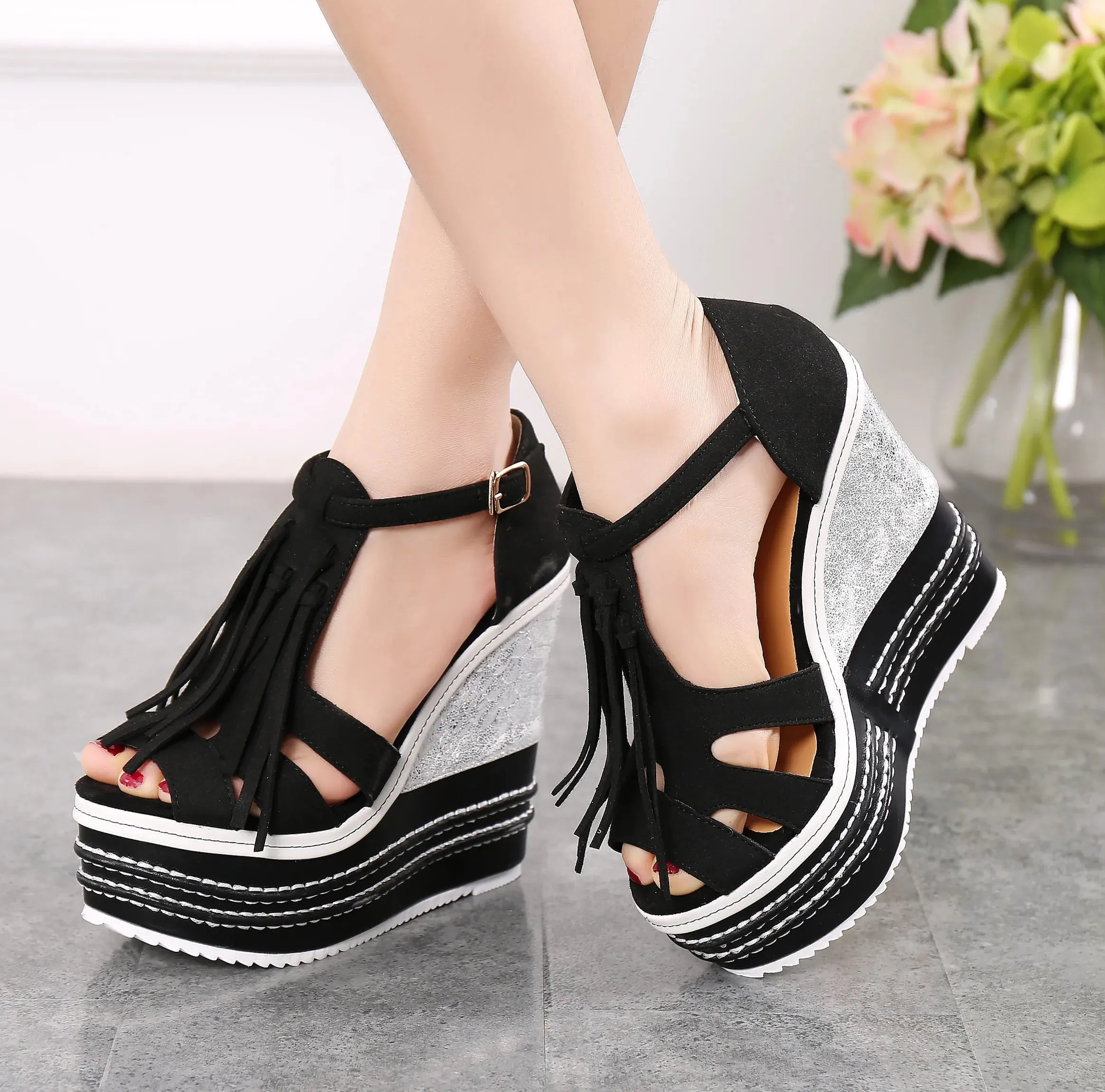 Tassel Wedge Heels Platform T Strap Open Toe Sandals