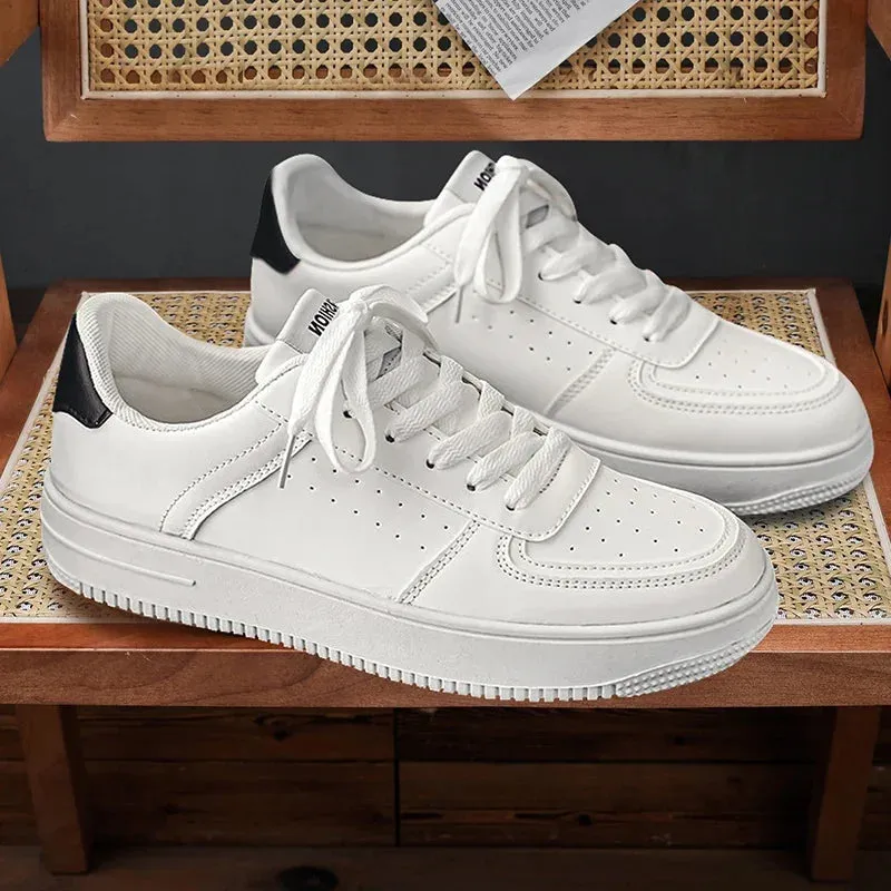 White Leather Sneakers for Men-Casual Lightweight Flat Shoes