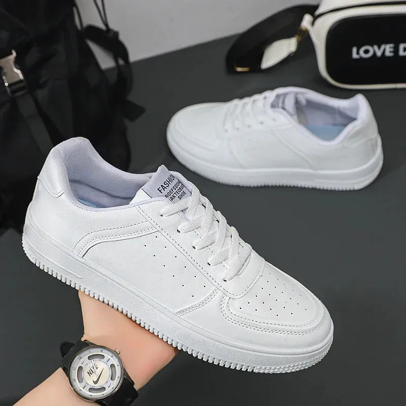 White Leather Sneakers for Men-Casual Lightweight Flat Shoes