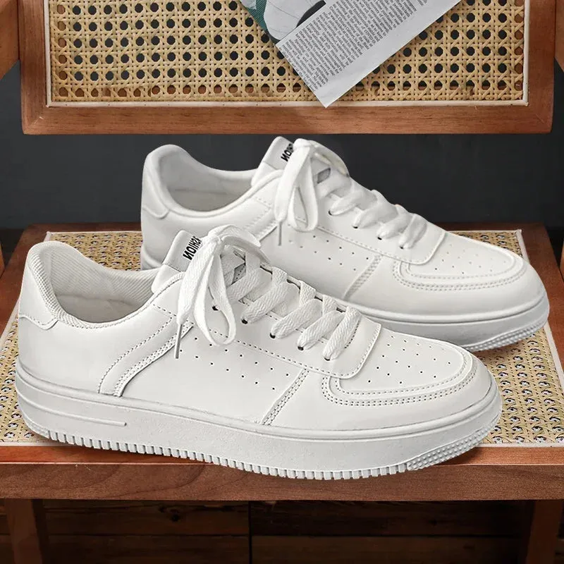 White Leather Sneakers for Men-Casual Lightweight Flat Shoes