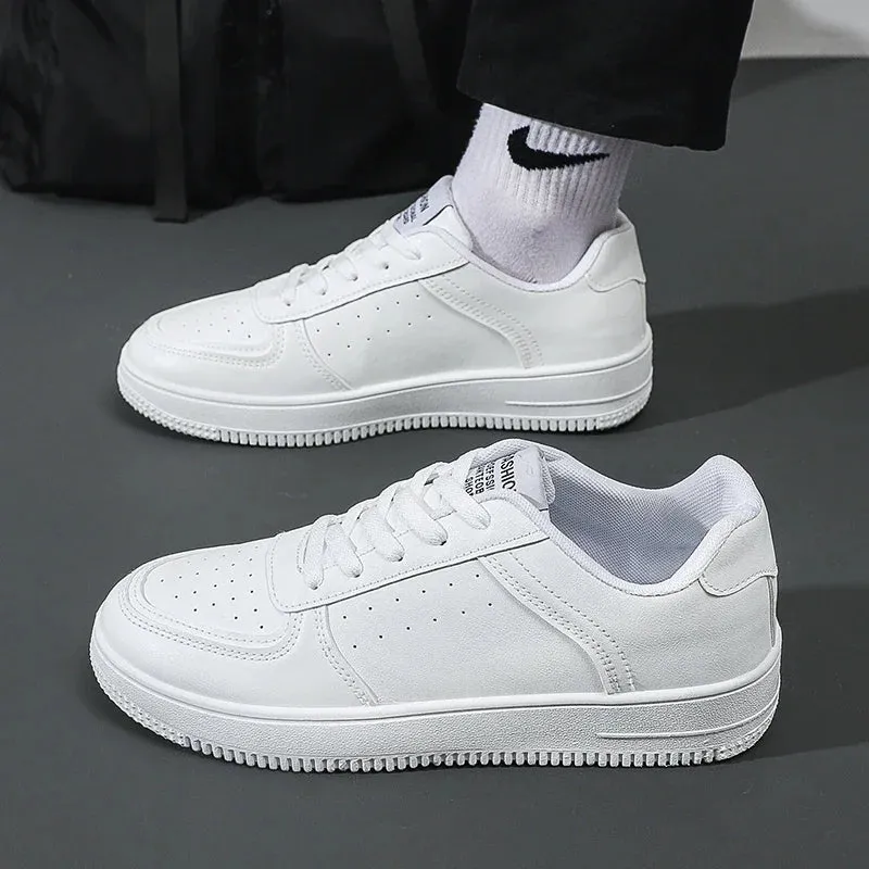 White Leather Sneakers for Men-Casual Lightweight Flat Shoes