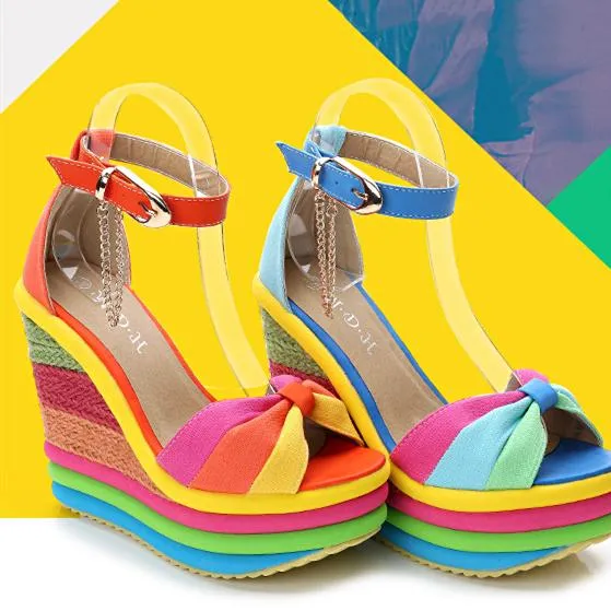 Women's rainbow bowknot peep toe platform wedge ankle strap buckle sandals